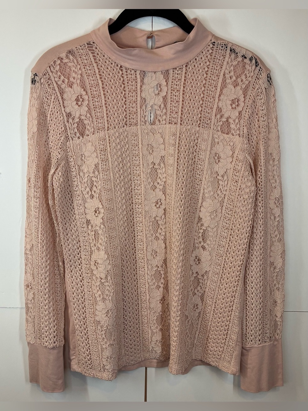 Halogen Blush Pink Lace Mock Neck Long Sleeve Top Size Small
